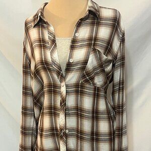 Plaid, brown, tan/cream button down shirt Time and Tru, size Medium (8-10),